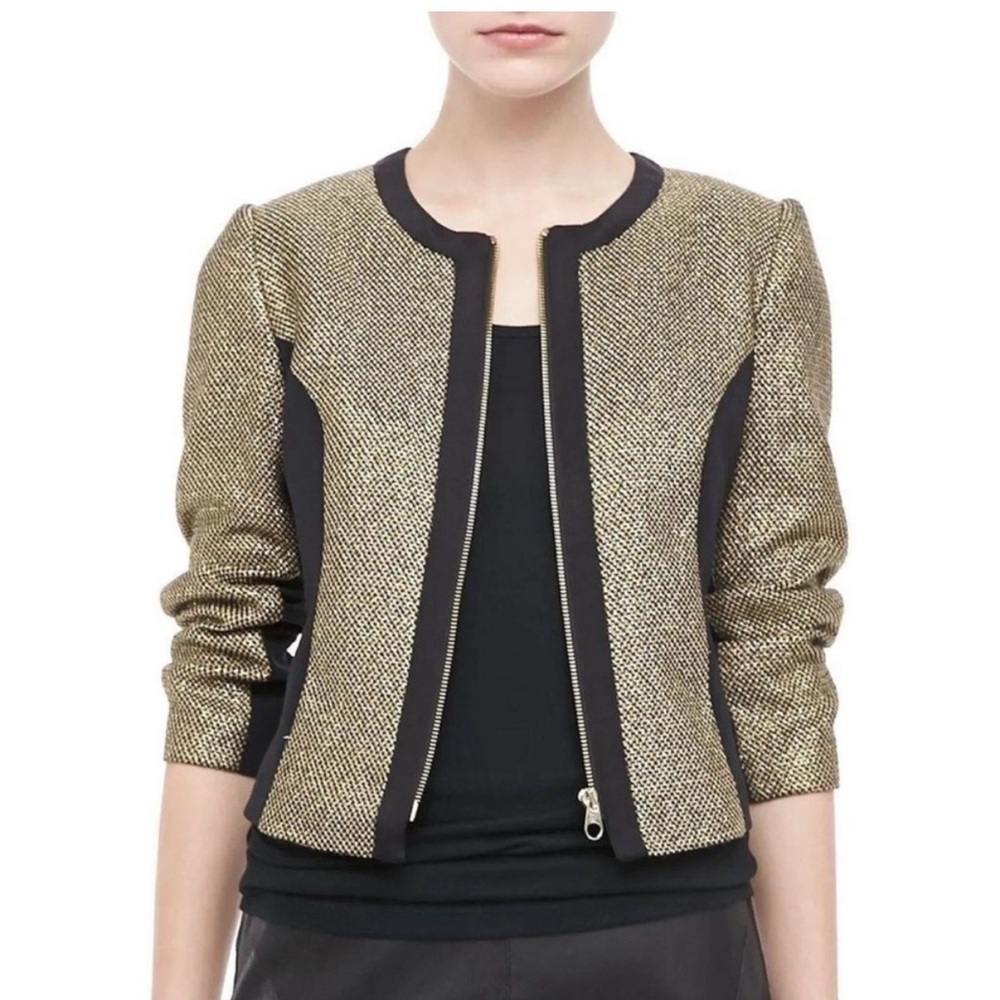 Ted Baker Zip Front Jacket Wmn EU‎ 2 (US 6) Gold Black Metallic Textured Blazer